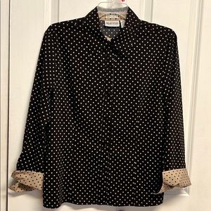 Apparenza Black Tan Polka Dot Long Sleeve Collar Stretch Top Size M